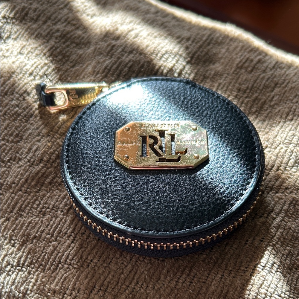 Ralph Lauren Black Leather Round Pouch with Gold Accent